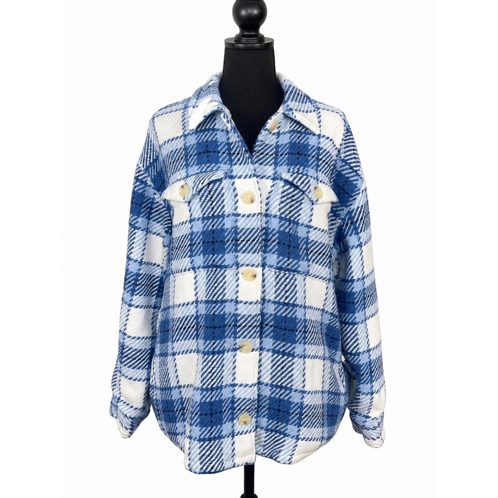 Outerknown Cloud Weave Blanket Shirt Blue Plaid Shacket Woman's Medium NWT